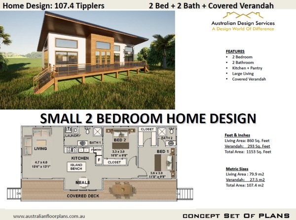 Small 2 Bedroom Home Plan:107.4 Tipplers V2